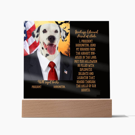 Personalized Halloween Acrylic Plaque for a Dog Mom with Funny and Sentimental message, a Dressed Up as a President Dog Portrait with Customizable Dog Face. A Table Home Décor Lamp, Gift from Husband and or Children