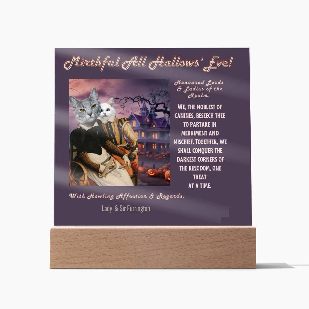 2 pet acrylic plaque portrait for cat mom dad from husband children. Funny, heartfelt, in old English, Halloween wishes from female male cat.