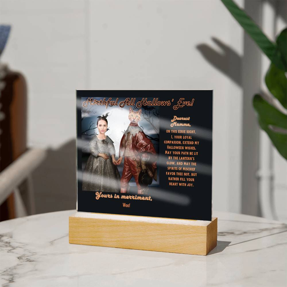 Personalized Halloween Acrylic Plaque for Cat Mom with Portrait of Dressed Up in a Historical Costumes with Cat's and Mom's faces. Funny and Sentimental “Mirthful All Hallows' Eve” Wishes. A Table Home Décor Lamp, Gift from Husband, Children and Cat.