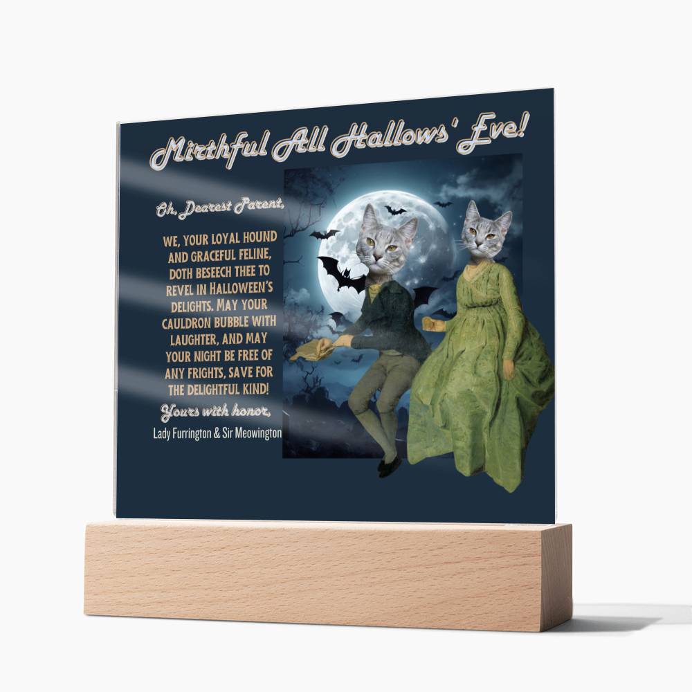 2 cat acrylic plaque portrait for cat mom dad from husband children. Funny, heartfelt, in old English, Halloween wishes from female male cat.