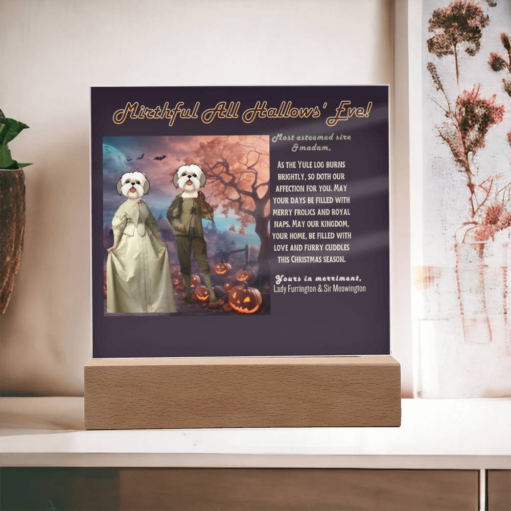 Halloween pet portrait with funny wishes to Dog Parents: Mom & Dad from their dogs. Personalized gift for mother & father.