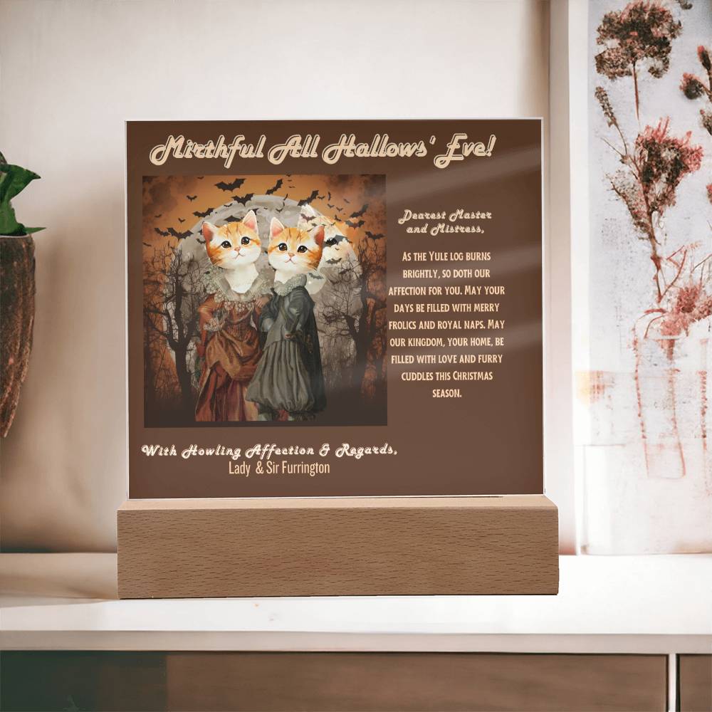 2 pet acrylic plaque portrait for cat mom dad from husband children. Funny, heartfelt, in old English, Halloween wishes from female male cats.