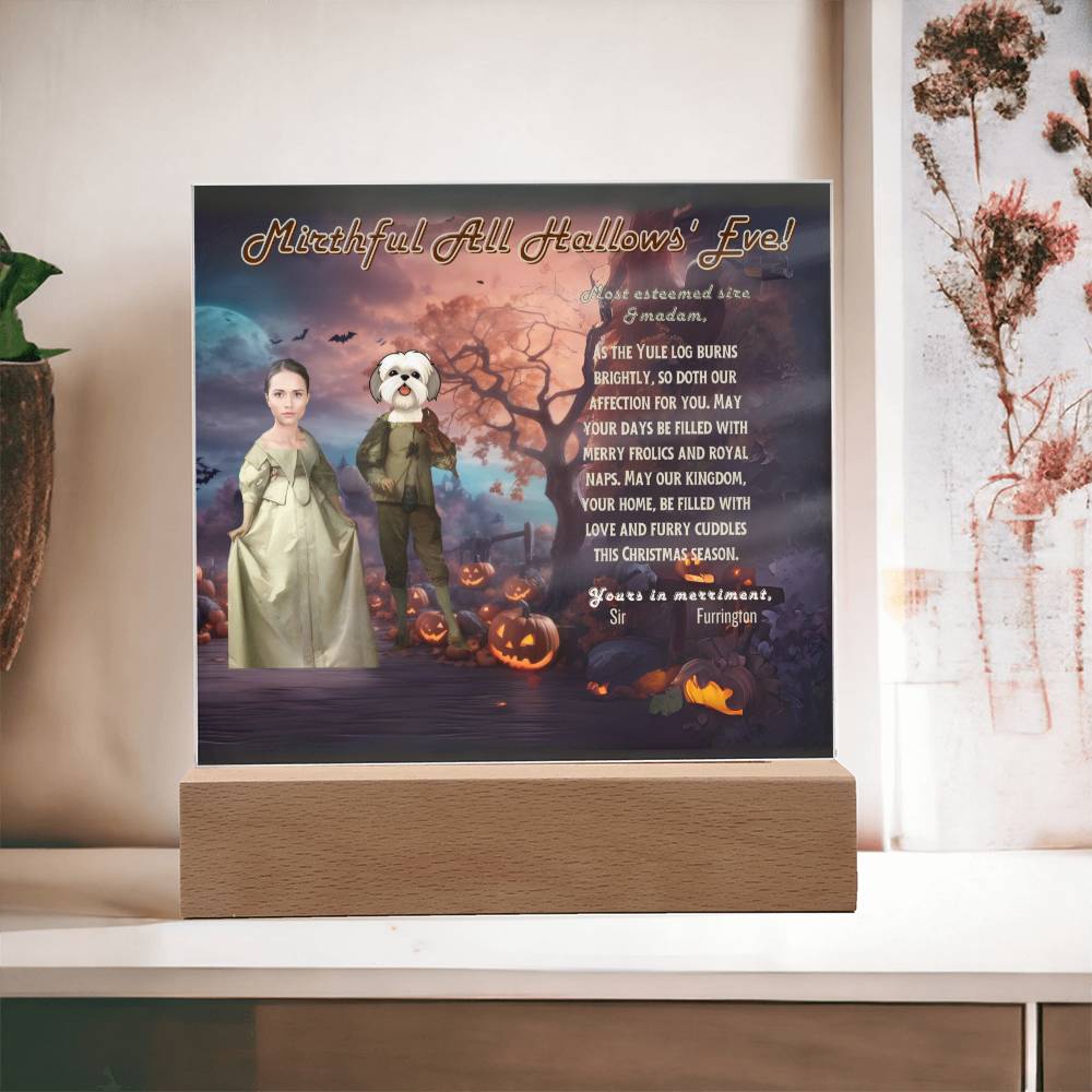Personalized Halloween Acrylic Plaque for a Dog Mom with a Portrait of a Dressed Up in Early XX Century Costume with Customizable Dog and Mom faces. Funny and Sentimental Halloween Wishes . A Table Home Décor Lamp, Gift from Husband and or Children.