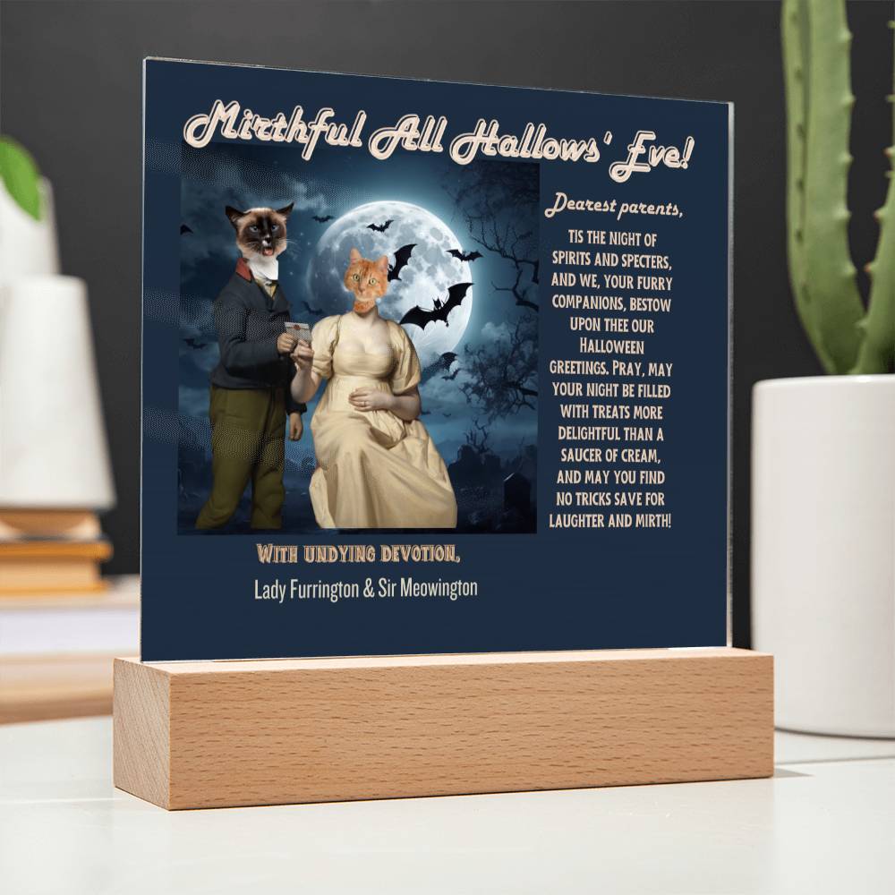 Halloween pet portrait with wishes to Dog Parents: Mom & Dad from their dog and cat. Personalized gift fot mother & father.