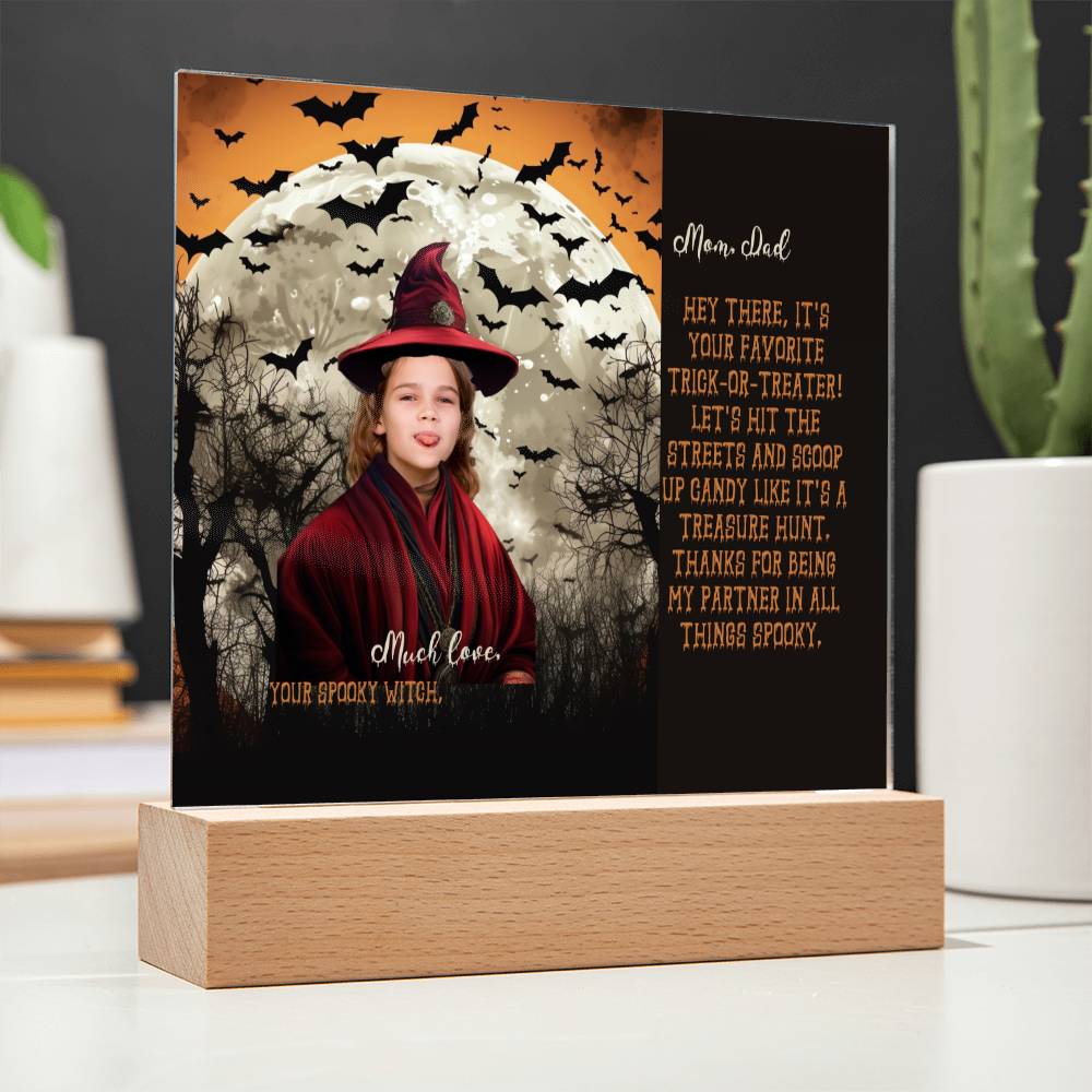 Personalized Halloween Acrylic Plaque for Mom, a Portrait of a Dressed Up in a Witch Costume Daughter with Both Funny and Sentimental Mirthful All Hallows' Eve Wishes . A  Table Home Décor Lamp, Gift from Husband and or Children