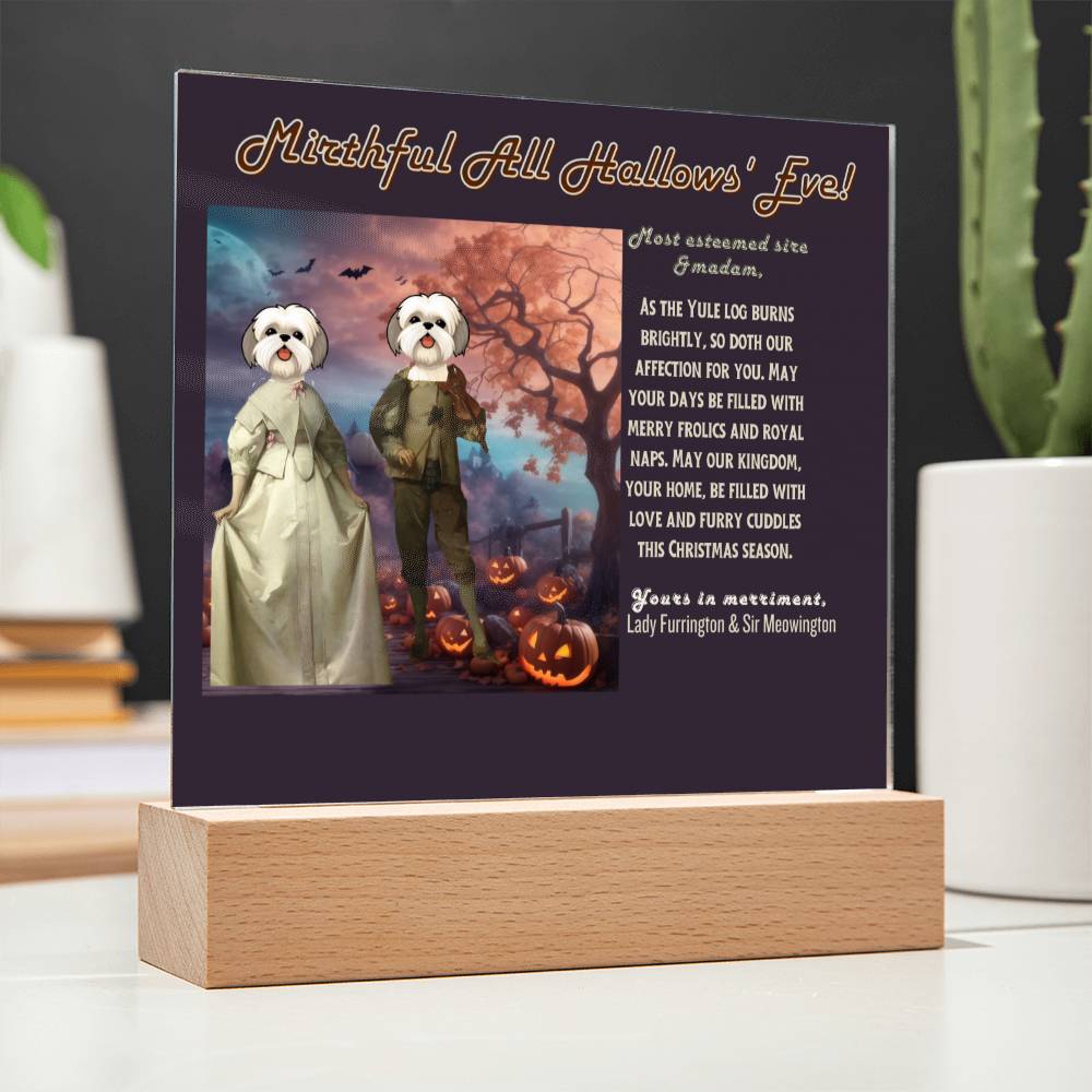 Halloween pet portrait with funny wishes to Dog Parents: Mom & Dad from their dogs. Personalized gift for mother & father.