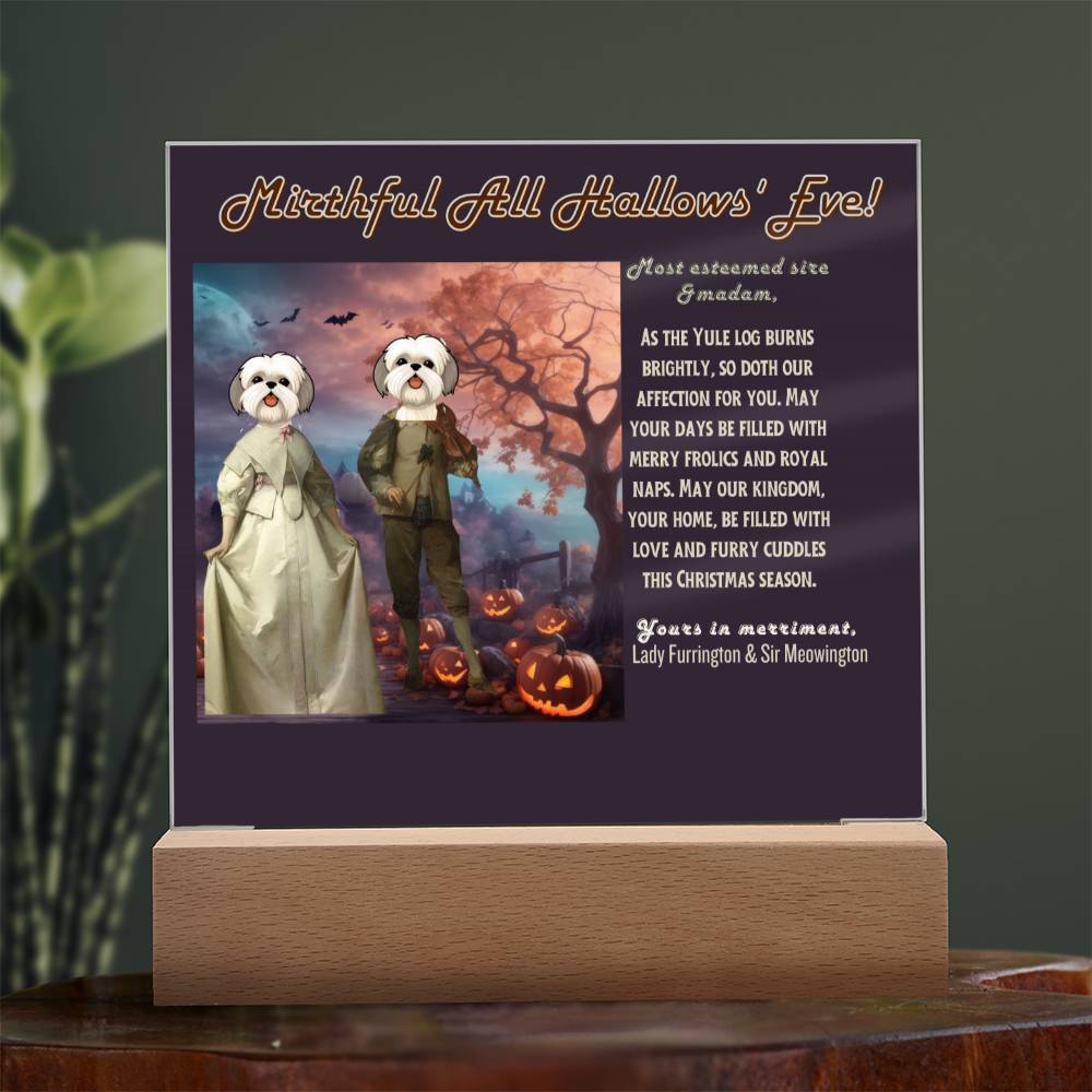 Halloween pet portrait with funny wishes to Dog Parents: Mom & Dad from their dogs. Personalized gift for mother & father.