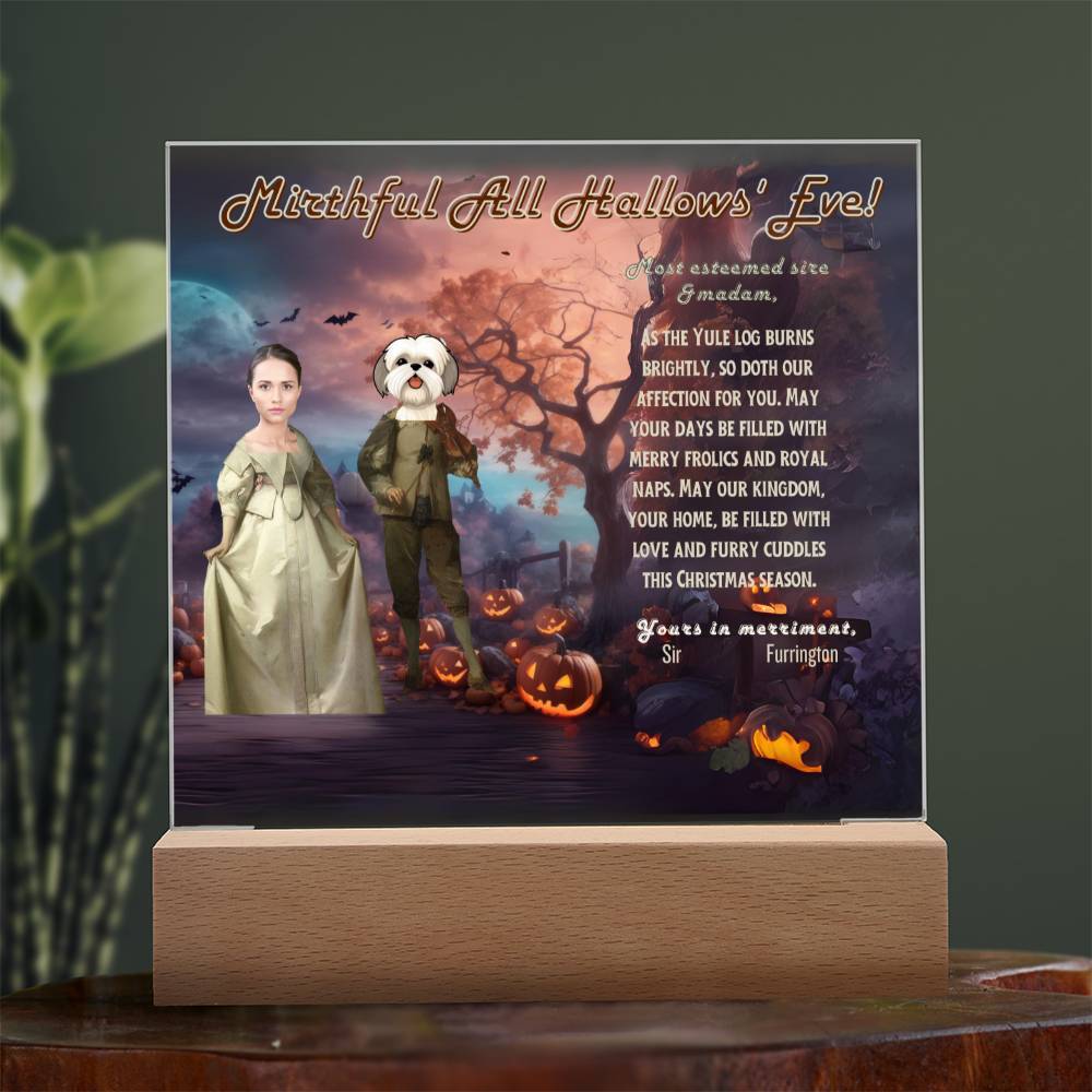 Personalized Halloween Acrylic Plaque for a Dog Mom with a Portrait of a Dressed Up in Early XX Century Costume with Customizable Dog and Mom faces. Funny and Sentimental Halloween Wishes . A Table Home Décor Lamp, Gift from Husband and or Children.