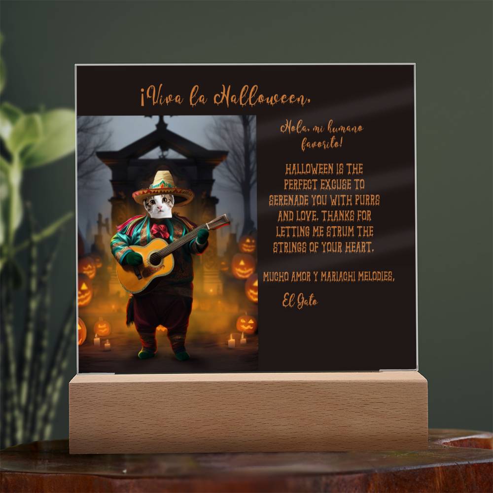 Personalized Halloween Acrylic Plaque for a Cat Mom, a Portrait of Your Cat Dressed Up in a Mariachi Costume with Customizable face. Funny and Sentimental Gift from a Husband and/or Children, a Table Home Décor Lamp.