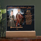 Personalized Halloween Acrylic Plaque for Cat Mom with Portrait of Dressed Up in a Historical Costumes with Cat's and Mom's faces. Funny and Sentimental “Mirthful All Hallows' Eve” Wishes. A Table Home Décor Lamp, Gift from Husband, Children and Cat.