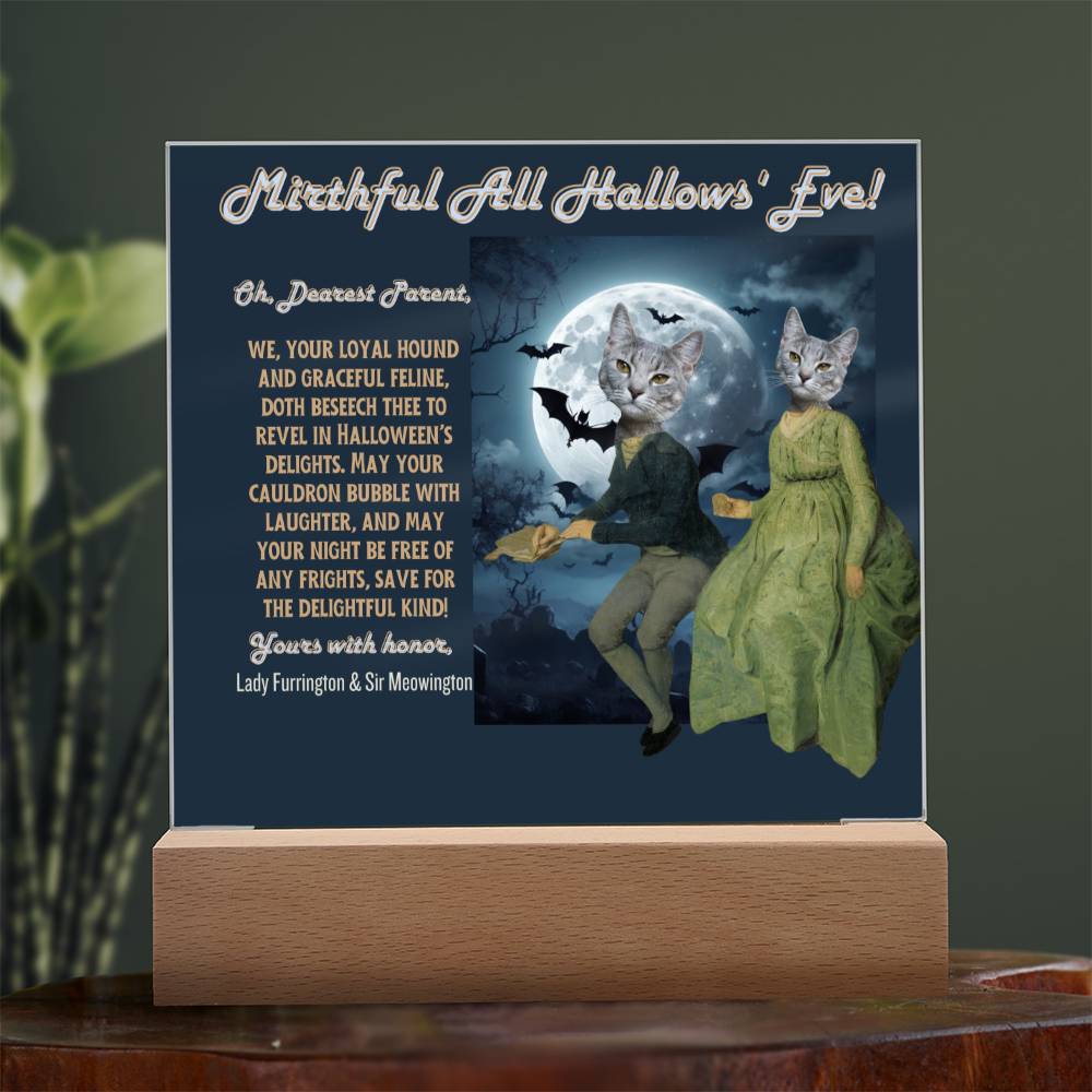 2 cat acrylic plaque portrait for cat mom dad from husband children. Funny, heartfelt, in old English, Halloween wishes from female male cat.