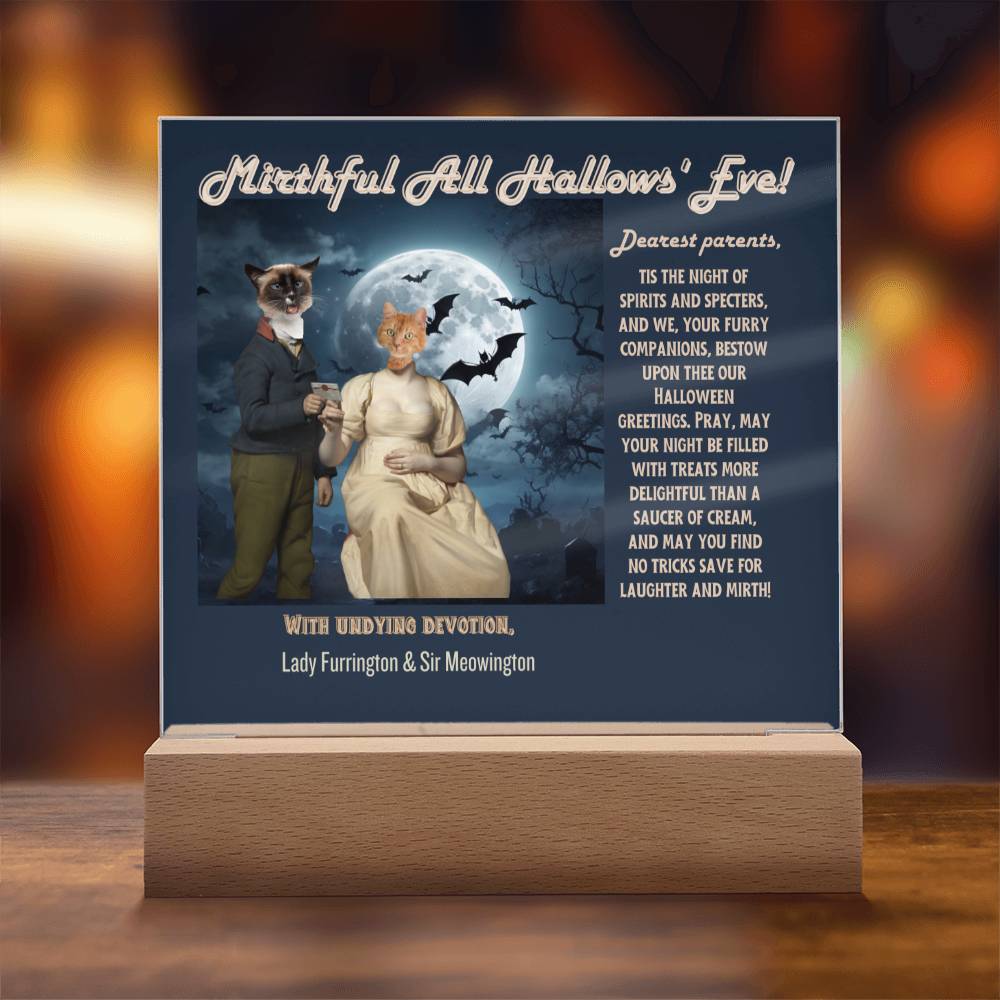 Halloween pet portrait with wishes to Dog Parents: Mom & Dad from their dog and cat. Personalized gift fot mother & father.