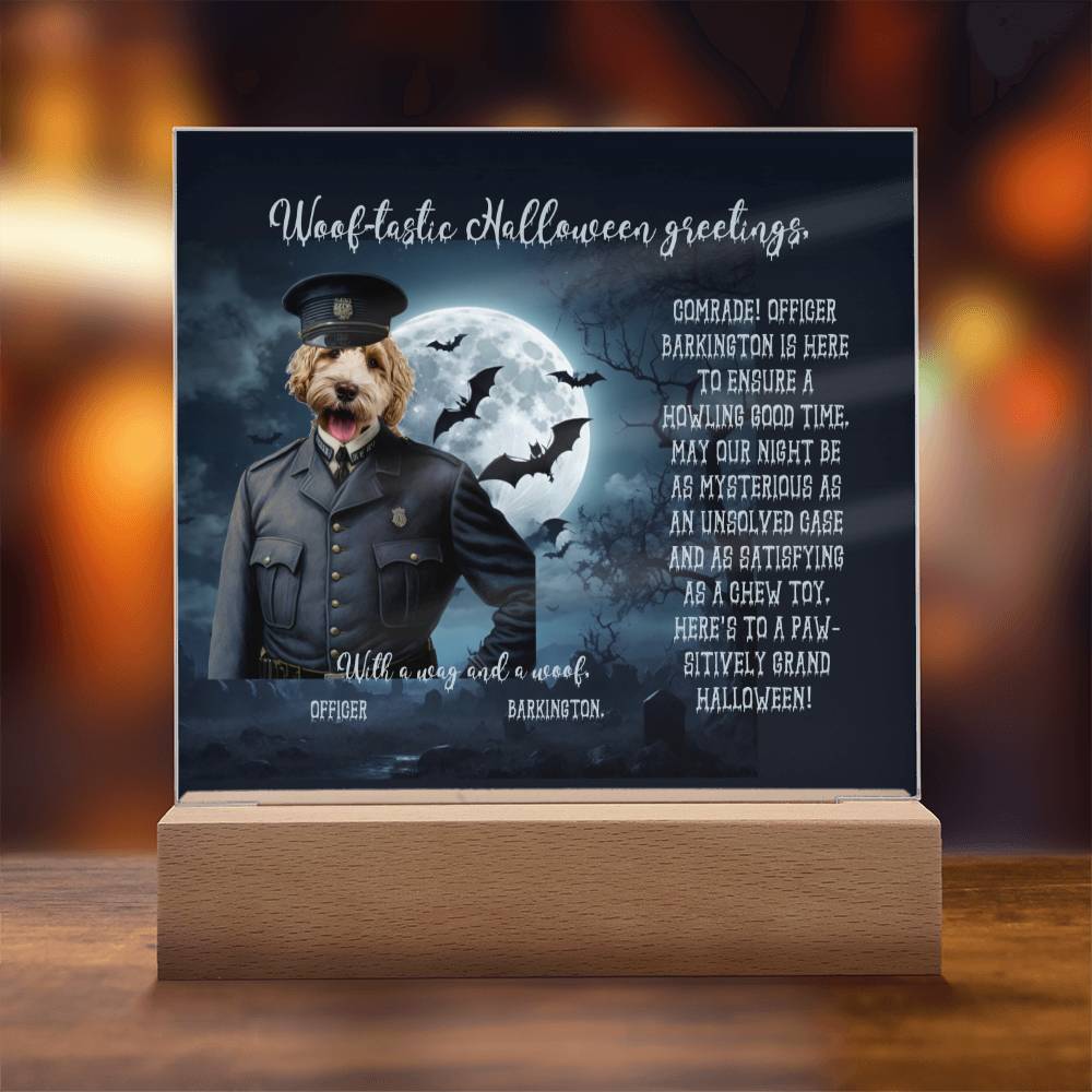 Personalized Halloween Acrylic Plaque for a Dog Mom, a Portrait of Your Dog Dressed Up as a Policeman with Customizable face. Funny and Sentimental Gift from a Husband, Children and Dog, a Table Home Décor Lamp.