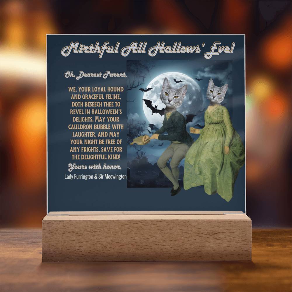 2 cat acrylic plaque portrait for cat mom dad from husband children. Funny, heartfelt, in old English, Halloween wishes from female male cat.