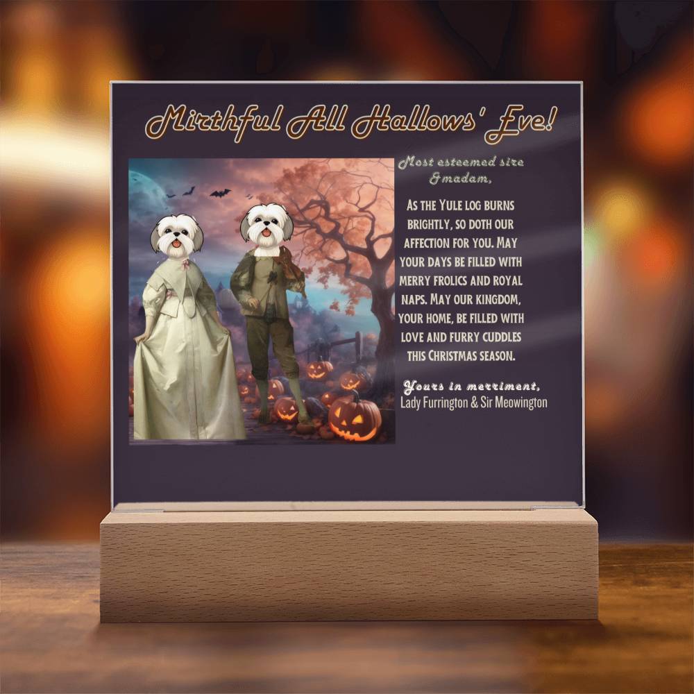 Halloween pet portrait with funny wishes to Dog Parents: Mom & Dad from their dogs. Personalized gift for mother & father.