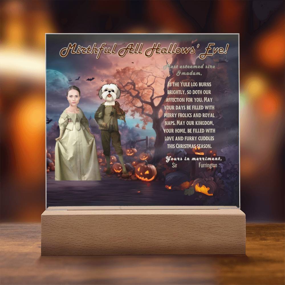 Personalized Halloween Acrylic Plaque for a Dog Mom with a Portrait of a Dressed Up in Early XX Century Costume with Customizable Dog and Mom faces. Funny and Sentimental Halloween Wishes . A Table Home Décor Lamp, Gift from Husband and or Children.