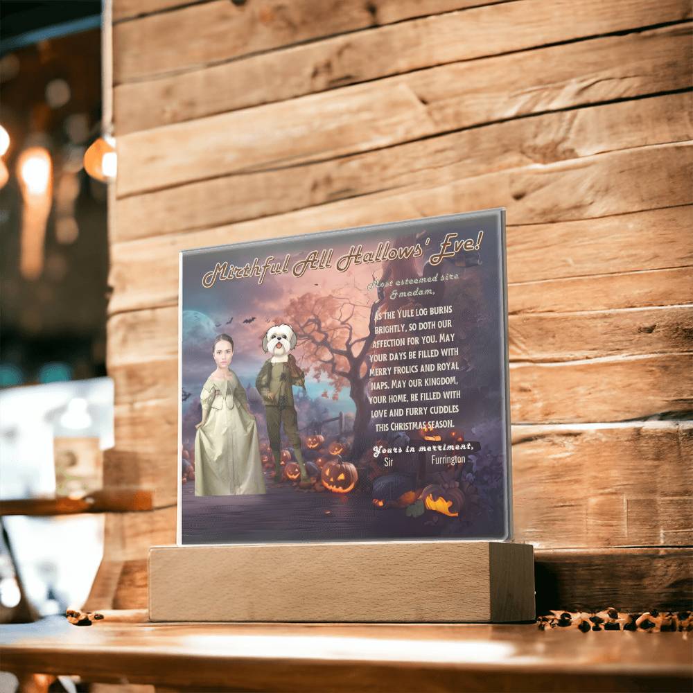 Personalized Halloween Acrylic Plaque for a Dog Mom with a Portrait of a Dressed Up in Early XX Century Costume with Customizable Dog and Mom faces. Funny and Sentimental Halloween Wishes . A Table Home Décor Lamp, Gift from Husband and or Children.