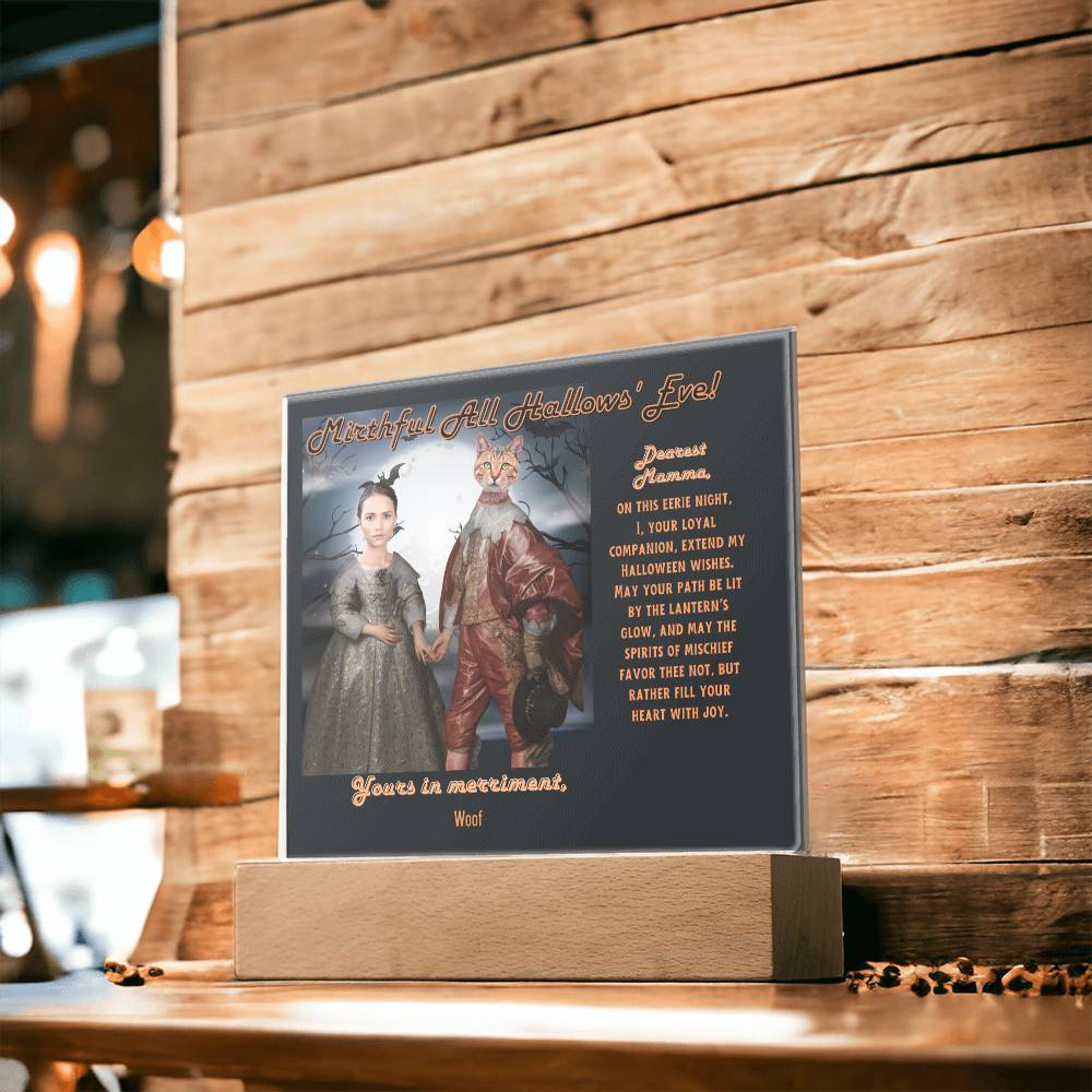 Personalized Halloween Acrylic Plaque for Cat Mom with Portrait of Dressed Up in a Historical Costumes with Cat's and Mom's faces. Funny and Sentimental “Mirthful All Hallows' Eve” Wishes. A Table Home Décor Lamp, Gift from Husband, Children and Cat.