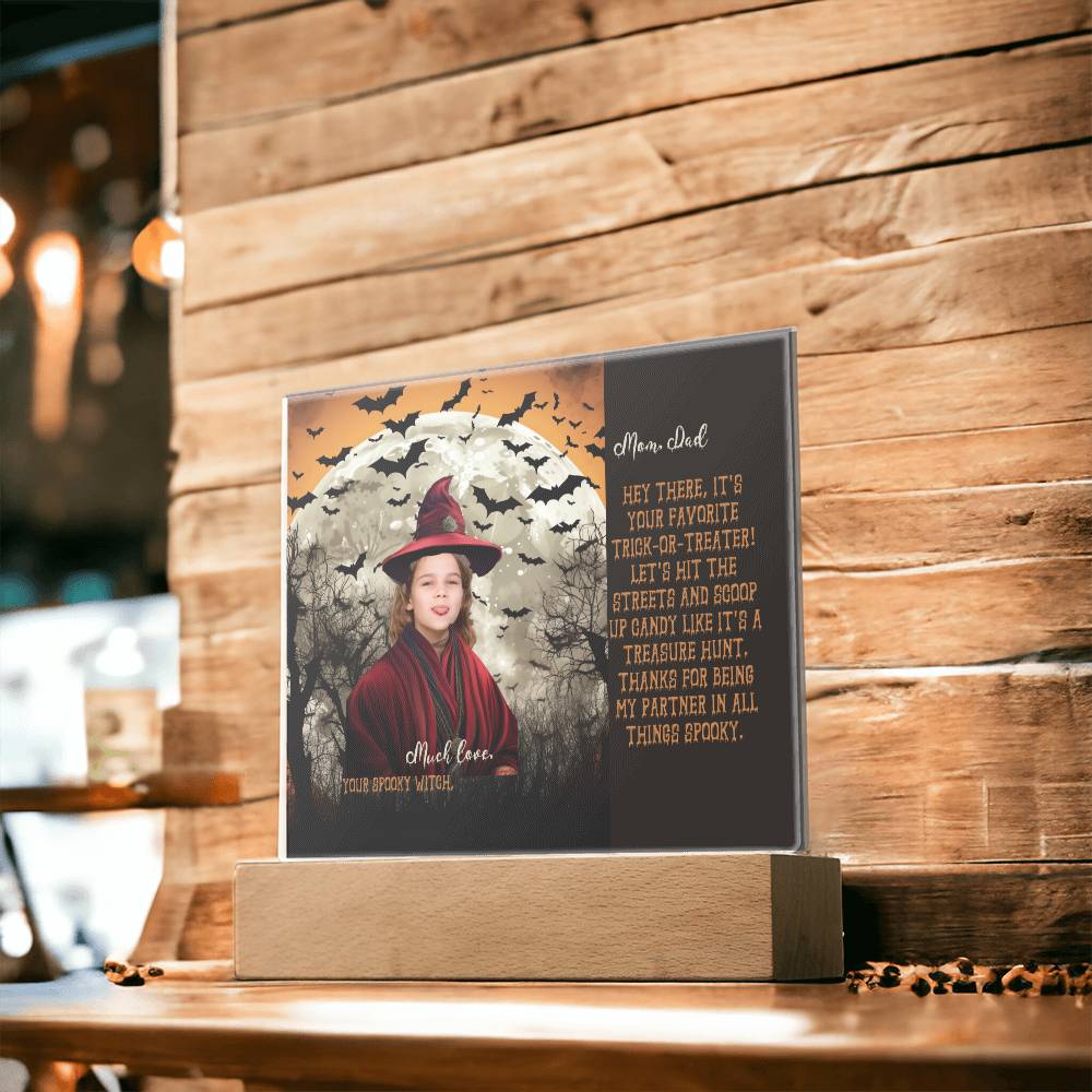 Personalized Halloween Acrylic Plaque for Mom, a Portrait of a Dressed Up in a Witch Costume Daughter with Both Funny and Sentimental Mirthful All Hallows' Eve Wishes . A  Table Home Décor Lamp, Gift from Husband and or Children