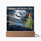 Personalized Halloween "Mirthful All Hallows' Eve" Acrylic Plaque for a Cat Mom or Cat Daughter, a Portrait of a Dressed Up in a Costume with Customizable Cat‘s and Daughter faces. Funny and Sentimental Table Home Décor from Husband and Children.