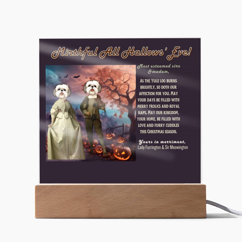 Halloween pet portrait with funny wishes to Dog Parents: Mom & Dad from their dogs. Personalized gift for mother & father.