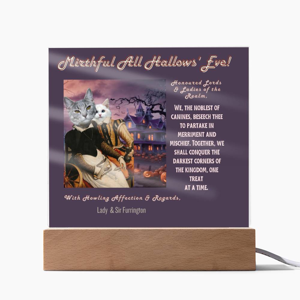 2 pet acrylic plaque portrait for cat mom dad from husband children. Funny, heartfelt, in old English, Halloween wishes from female male cat.