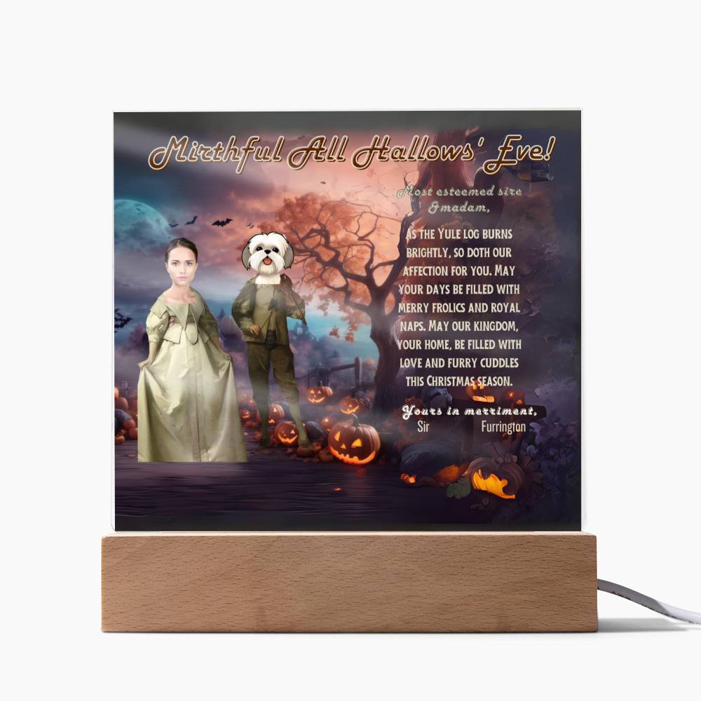 Personalized Halloween Acrylic Plaque for a Dog Mom with a Portrait of a Dressed Up in Early XX Century Costume with Customizable Dog and Mom faces. Funny and Sentimental Halloween Wishes . A Table Home Décor Lamp, Gift from Husband and or Children.