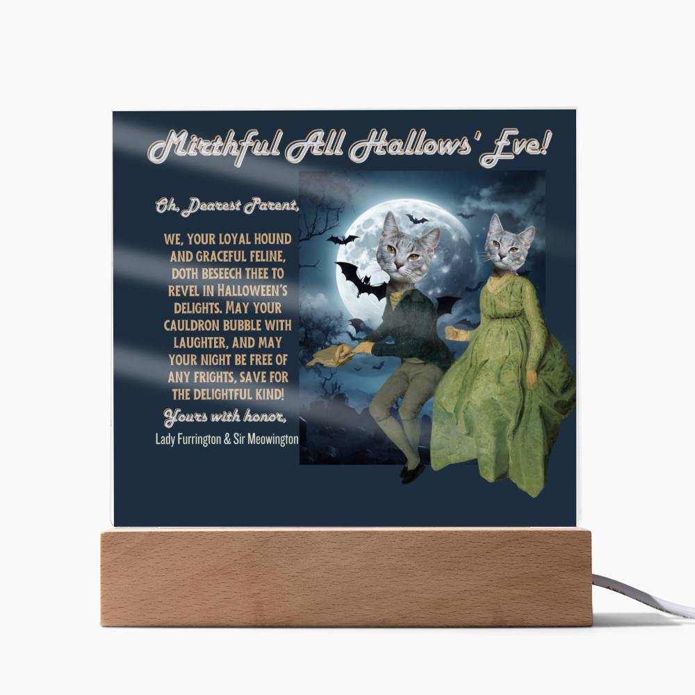 2 cat acrylic plaque portrait for cat mom dad from husband children. Funny, heartfelt, in old English, Halloween wishes from female male cat.