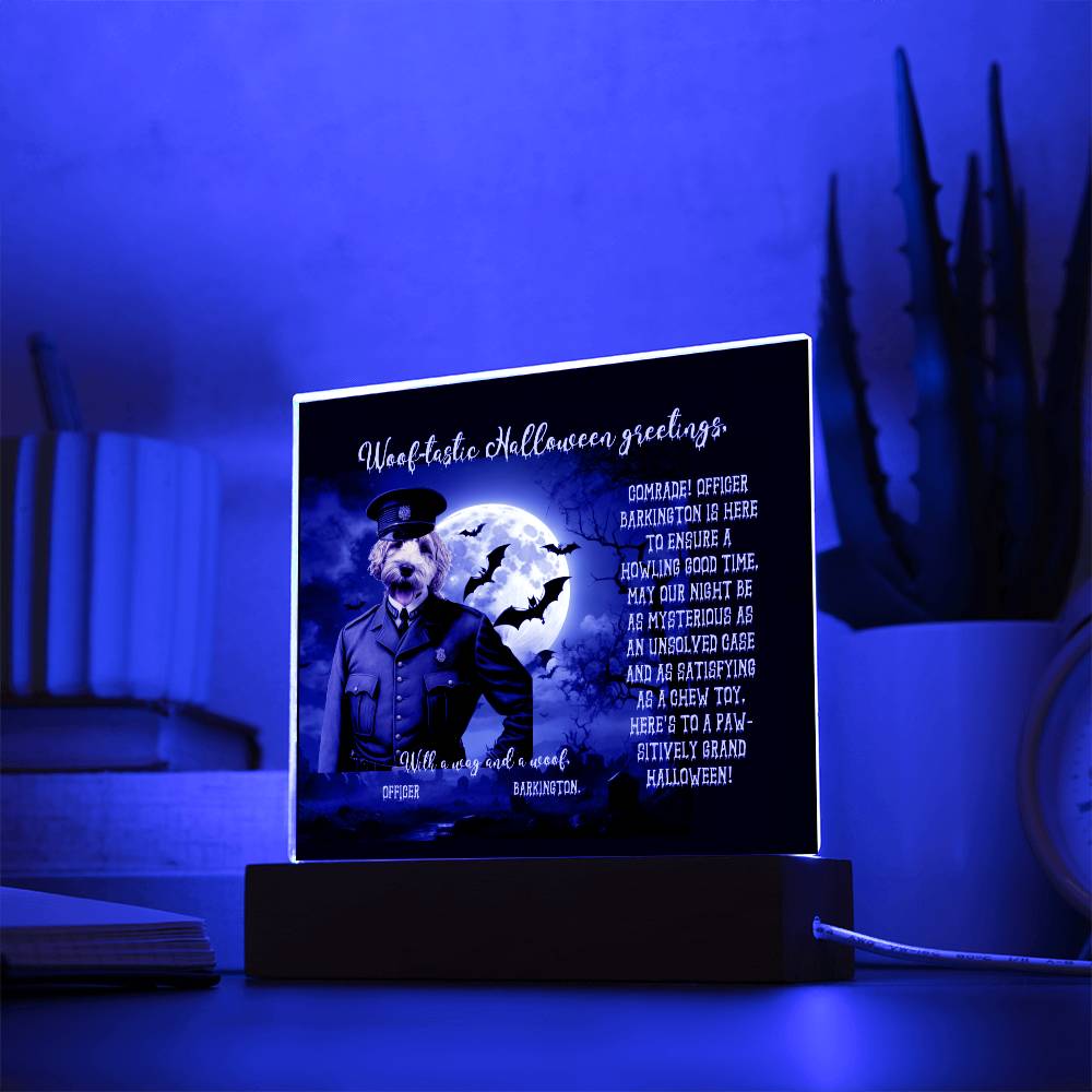 Personalized Halloween Acrylic Plaque for a Dog Mom, a Portrait of Your Dog Dressed Up as a Policeman with Customizable face. Funny and Sentimental Gift from a Husband, Children and Dog, a Table Home Décor Lamp.