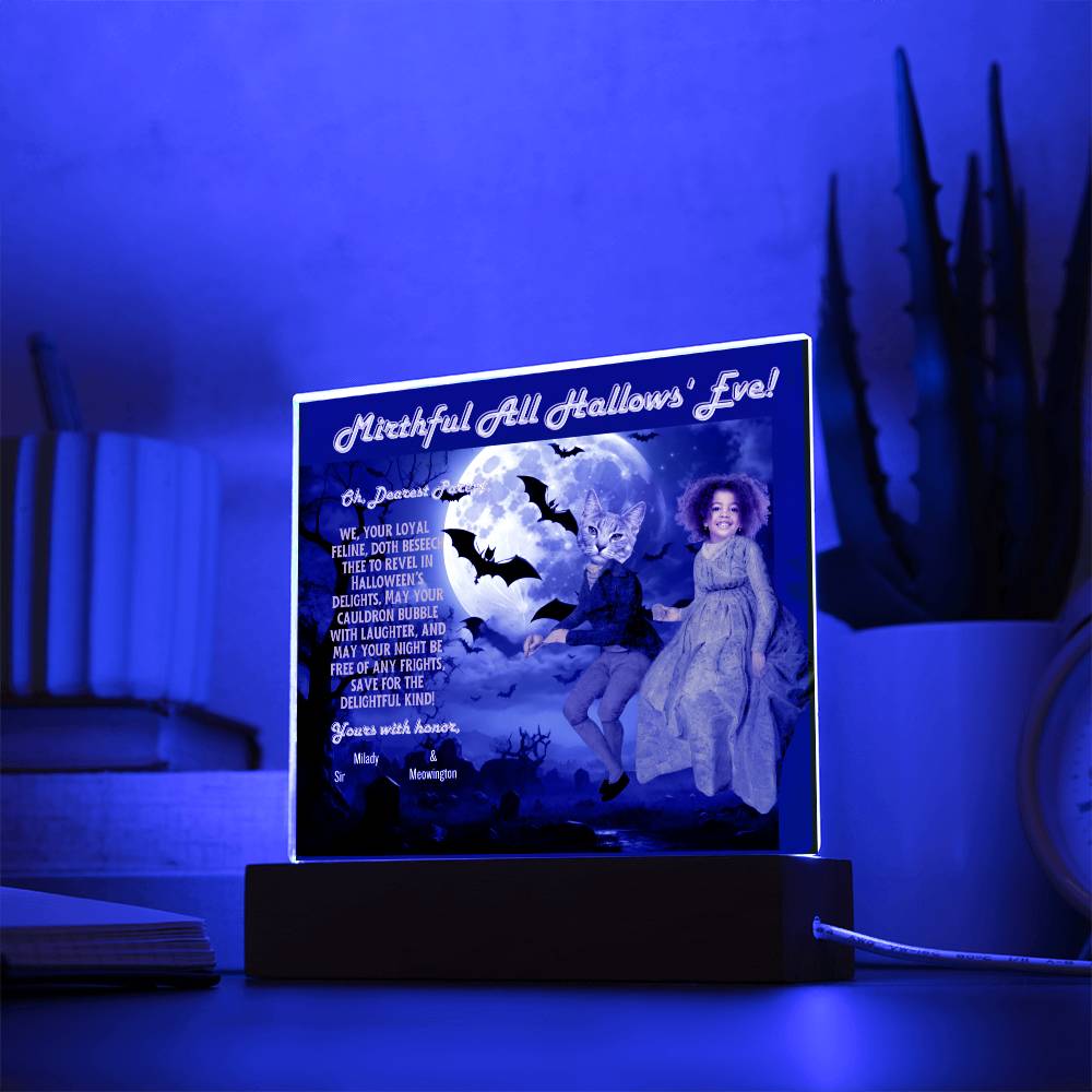 Personalized Halloween "Mirthful All Hallows' Eve" Acrylic Plaque for a Cat Mom or Cat Daughter, a Portrait of a Dressed Up in a Costume with Customizable Cat‘s and Daughter faces. Funny and Sentimental Table Home Décor from Husband and Children.