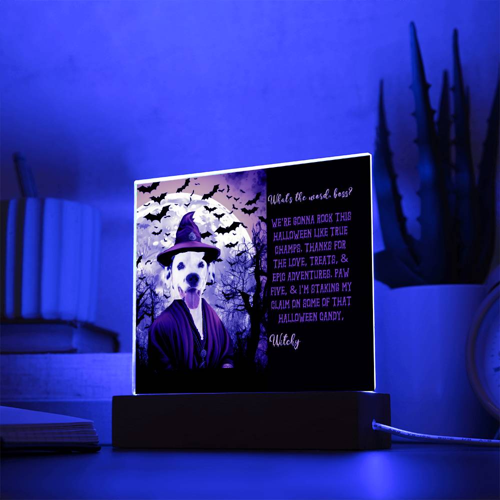 Personalized Halloween Acrylic Plaque for a Dog Mom with Funny and Sentimental message, a Dressed Up as a Witch Dog Portrait with Customizable Dog Face. A Table Home Décor Lamp, Gift from Husband and or Children