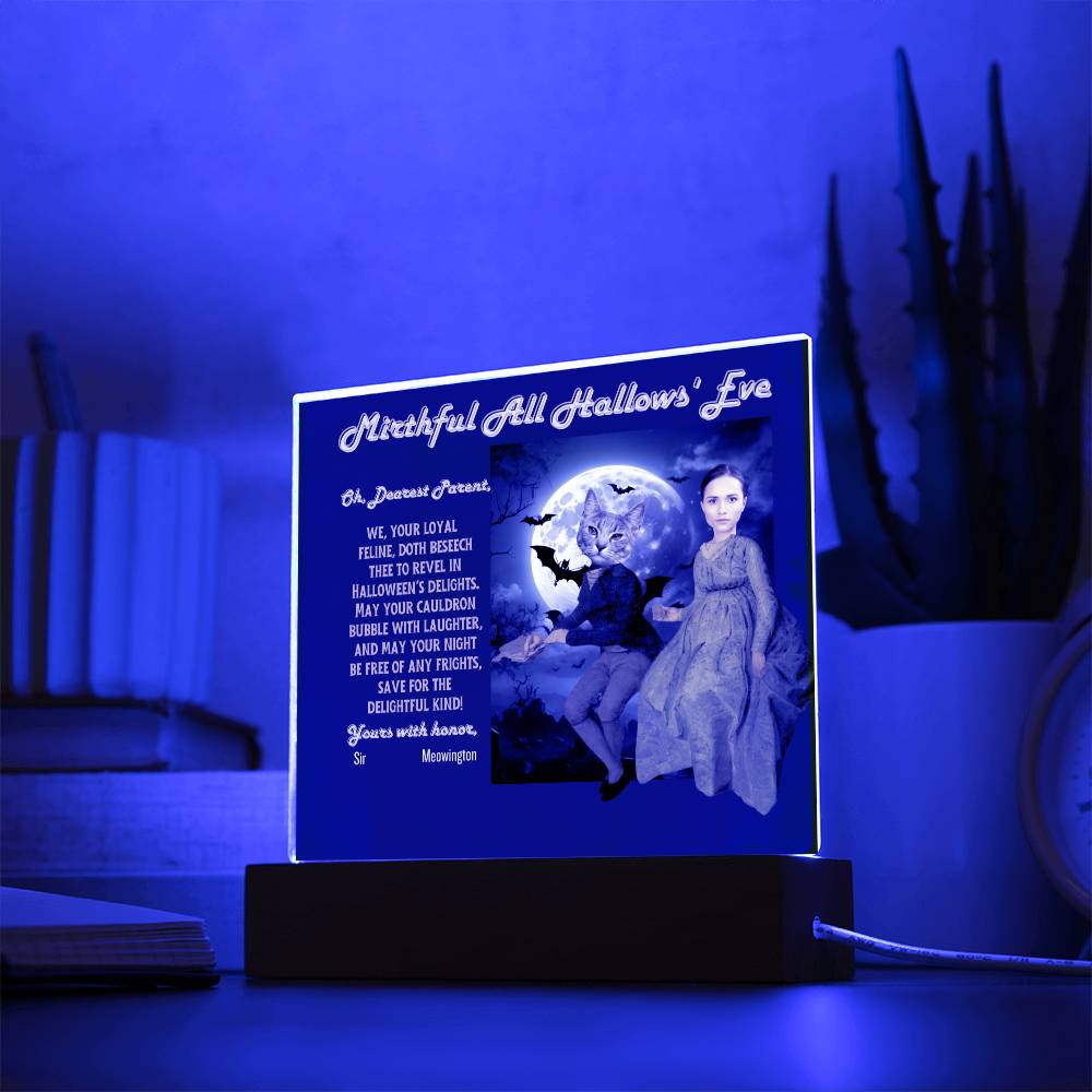 Personalized Halloween Acrylic Plaque for Cat Mom with Portrait of Dressed Up in a Historical Costumes with Cat's and Mom's faces. Funny and Sentimental “Mirthful All Hallows' Eve” Wishes. A Table Home Décor Lamp, Gift from Husband, Children and Cat.
