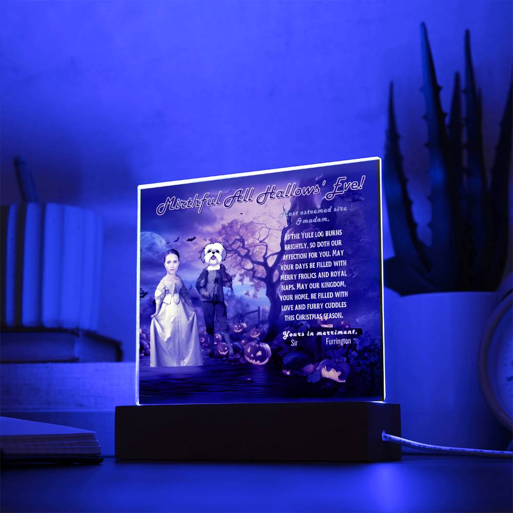 Personalized Halloween Acrylic Plaque for a Dog Mom with a Portrait of a Dressed Up in Early XX Century Costume with Customizable Dog and Mom faces. Funny and Sentimental Halloween Wishes . A Table Home Décor Lamp, Gift from Husband and or Children.