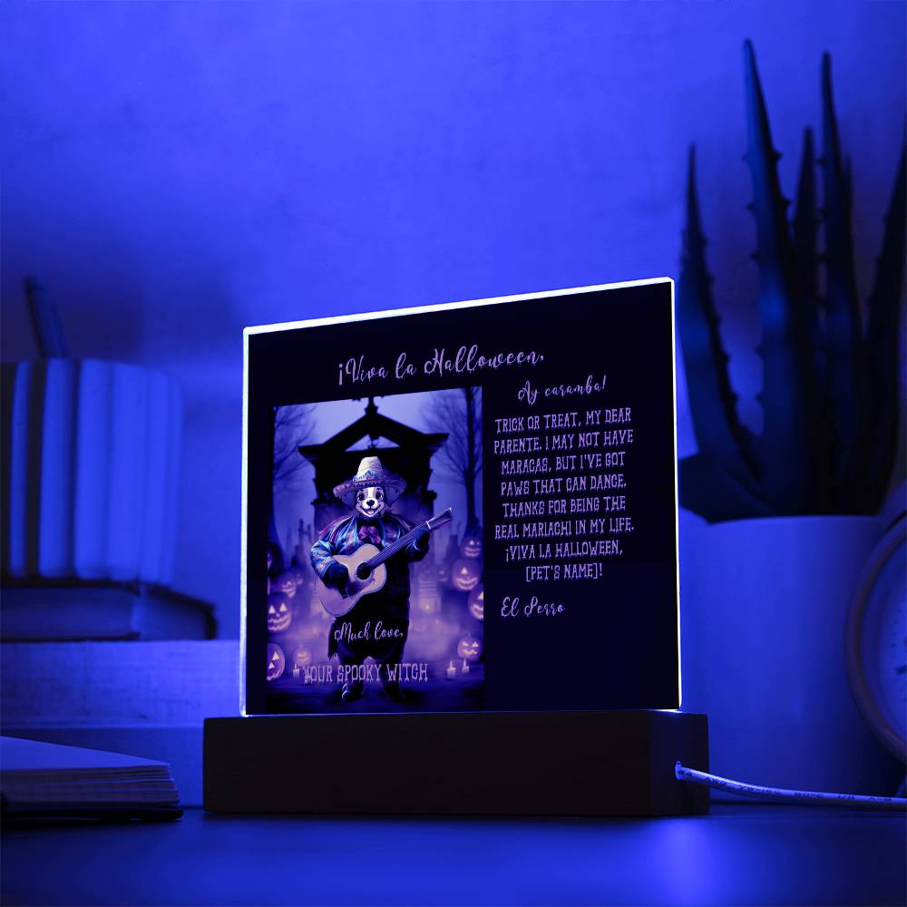 Personalized Halloween Acrylic Plaque for a Dog Mom, a Portrait of Your Dog Dressed Up in a Mariachi Costume with Customizable face. Funny and Sentimental Gift from a Husband and/or Children, a Table Home Décor Lamp.