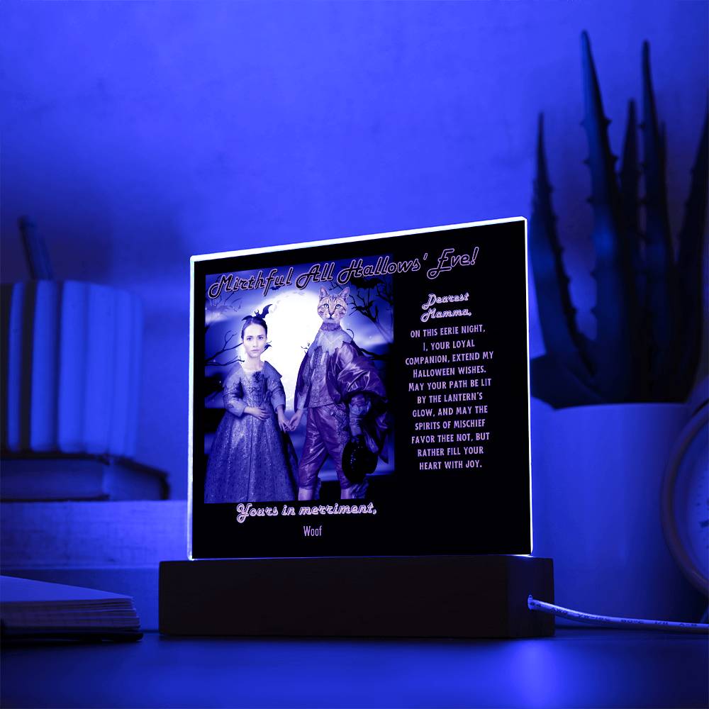 Personalized Halloween Acrylic Plaque for Cat Mom with Portrait of Dressed Up in a Historical Costumes with Cat's and Mom's faces. Funny and Sentimental “Mirthful All Hallows' Eve” Wishes. A Table Home Décor Lamp, Gift from Husband, Children and Cat.
