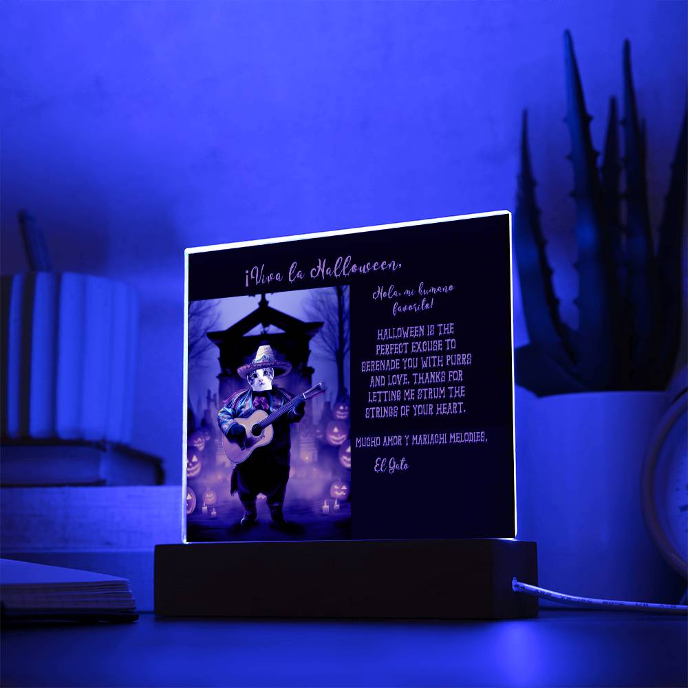 Personalized Halloween Acrylic Plaque for a Cat Mom, a Portrait of Your Cat Dressed Up in a Mariachi Costume with Customizable face. Funny and Sentimental Gift from a Husband and/or Children, a Table Home Décor Lamp.