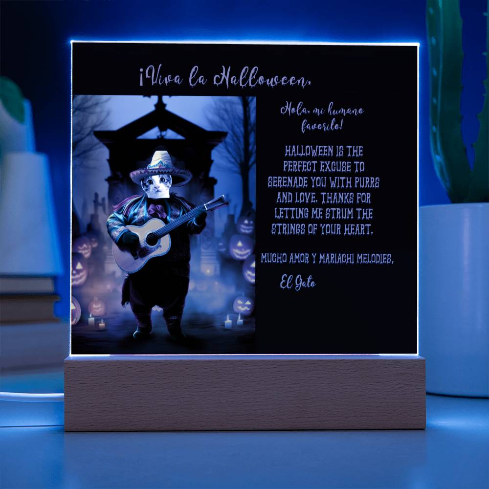 Personalized Halloween Acrylic Plaque for a Cat Mom, a Portrait of Your Cat Dressed Up in a Mariachi Costume with Customizable face. Funny and Sentimental Gift from a Husband and/or Children, a Table Home Décor Lamp.