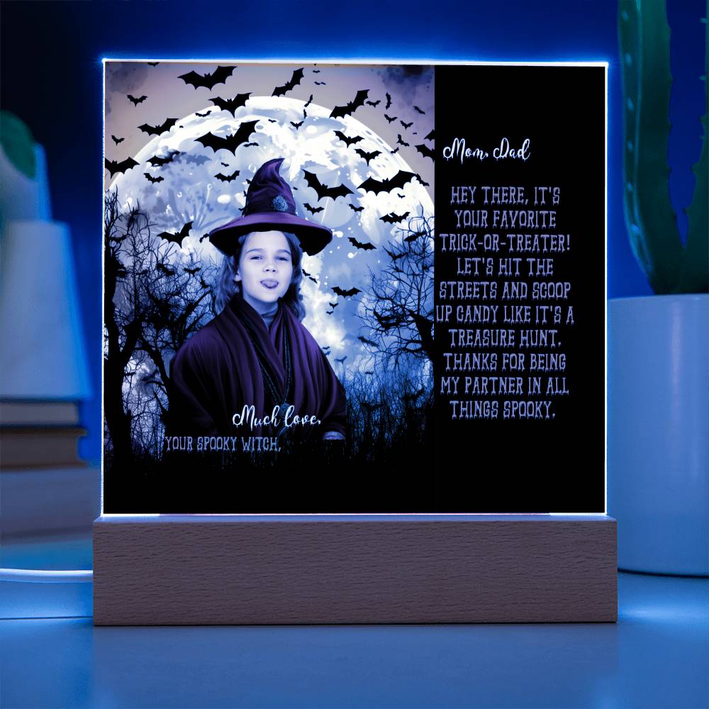 Personalized Halloween Acrylic Plaque for Mom, a Portrait of a Dressed Up in a Witch Costume Daughter with Both Funny and Sentimental Mirthful All Hallows' Eve Wishes . A  Table Home Décor Lamp, Gift from Husband and or Children