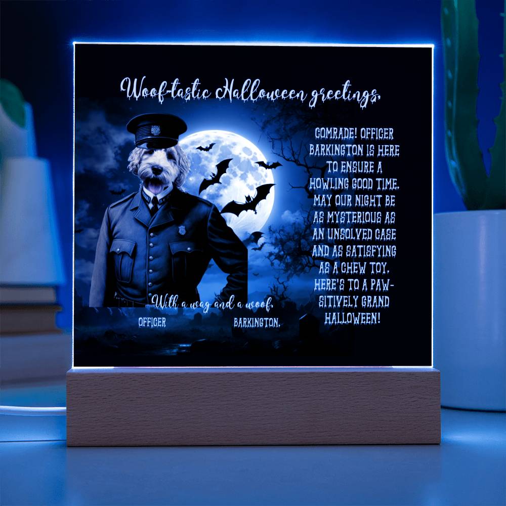 Personalized Halloween Acrylic Plaque for a Dog Mom, a Portrait of Your Dog Dressed Up as a Policeman with Customizable face. Funny and Sentimental Gift from a Husband, Children and Dog, a Table Home Décor Lamp.