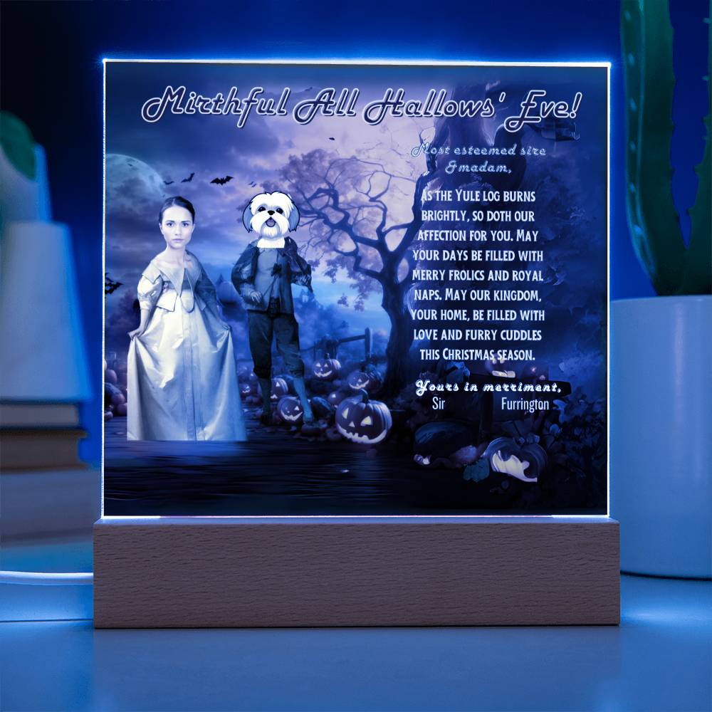 Personalized Halloween Acrylic Plaque for a Dog Mom with a Portrait of a Dressed Up in Early XX Century Costume with Customizable Dog and Mom faces. Funny and Sentimental Halloween Wishes . A Table Home Décor Lamp, Gift from Husband and or Children.
