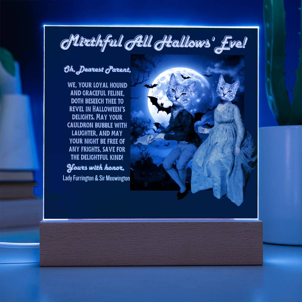 2 cat acrylic plaque portrait for cat mom dad from husband children. Funny, heartfelt, in old English, Halloween wishes from female male cat.