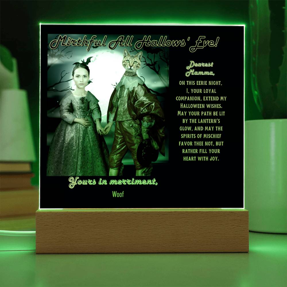 Personalized Halloween Acrylic Plaque for Cat Mom with Portrait of Dressed Up in a Historical Costumes with Cat's and Mom's faces. Funny and Sentimental “Mirthful All Hallows' Eve” Wishes. A Table Home Décor Lamp, Gift from Husband, Children and Cat.