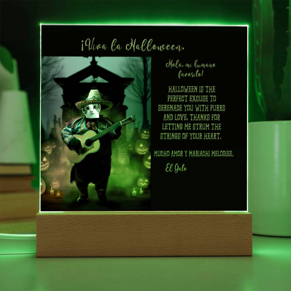 Personalized Halloween Acrylic Plaque for a Cat Mom, a Portrait of Your Cat Dressed Up in a Mariachi Costume with Customizable face. Funny and Sentimental Gift from a Husband and/or Children, a Table Home Décor Lamp.