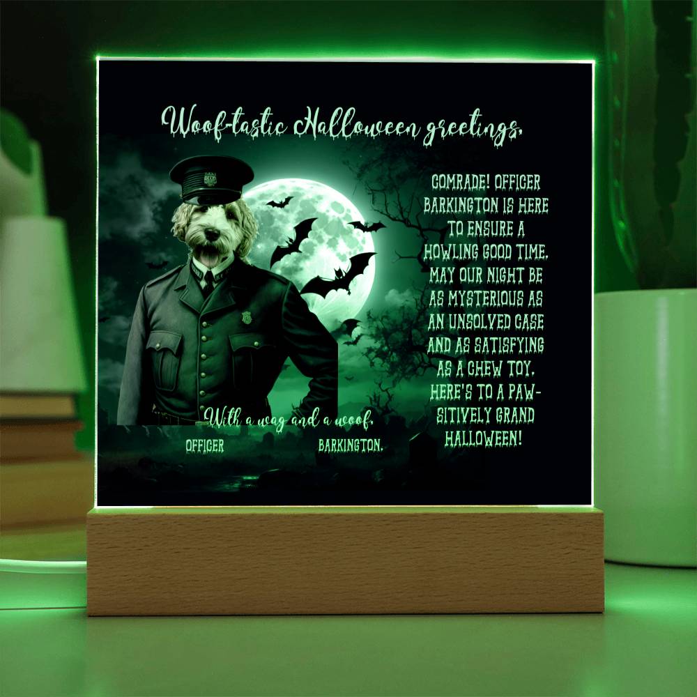 Personalized Halloween Acrylic Plaque for a Dog Mom, a Portrait of Your Dog Dressed Up as a Policeman with Customizable face. Funny and Sentimental Gift from a Husband, Children and Dog, a Table Home Décor Lamp.