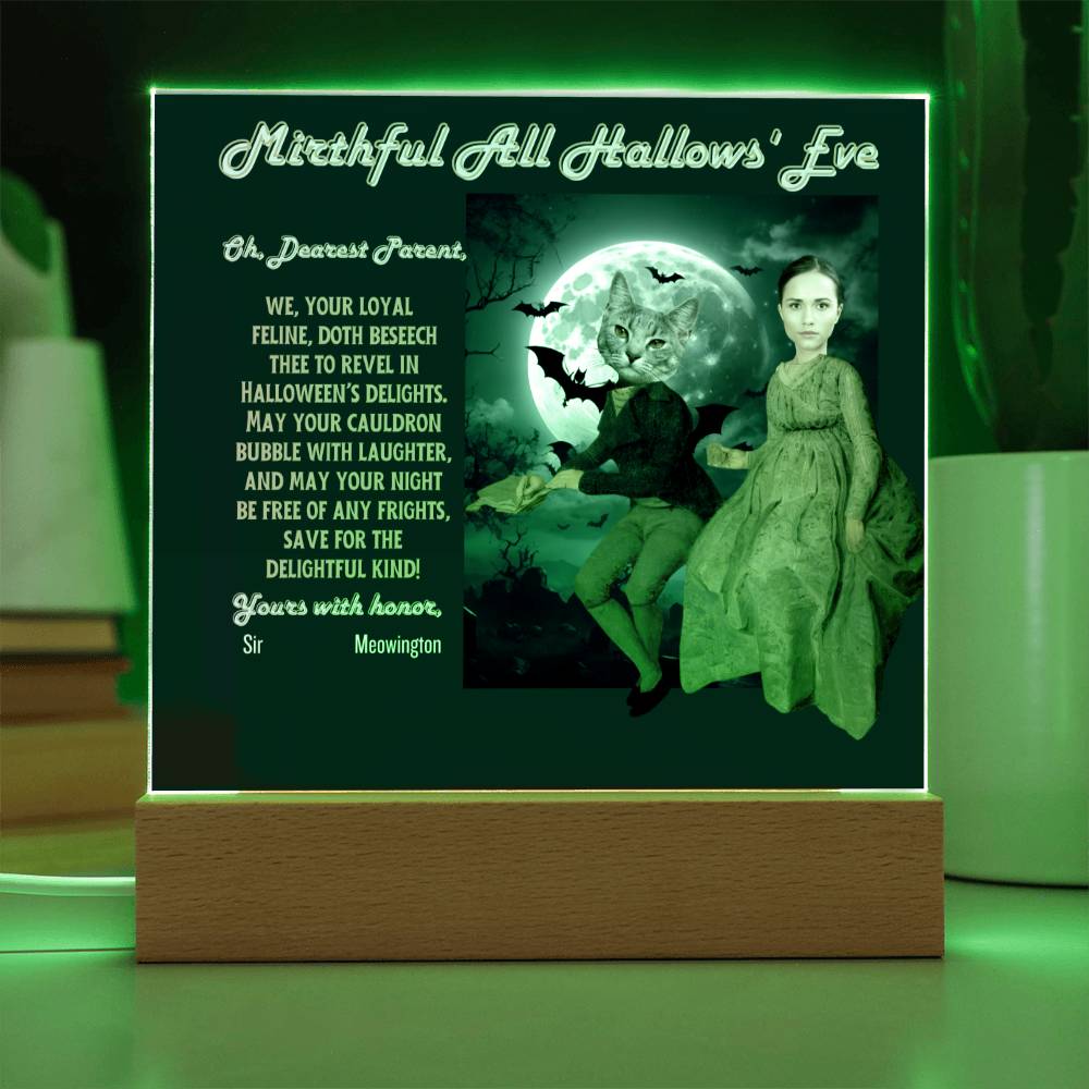 Personalized Halloween Acrylic Plaque for Cat Mom with Portrait of Dressed Up in a Historical Costumes with Cat's and Mom's faces. Funny and Sentimental “Mirthful All Hallows' Eve” Wishes. A Table Home Décor Lamp, Gift from Husband, Children and Cat.