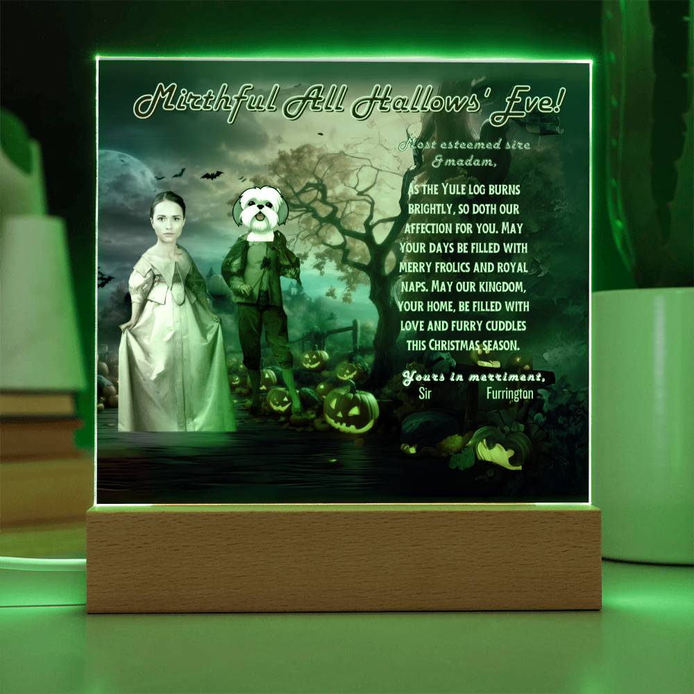 Personalized Halloween Acrylic Plaque for a Dog Mom with a Portrait of a Dressed Up in Early XX Century Costume with Customizable Dog and Mom faces. Funny and Sentimental Halloween Wishes . A Table Home Décor Lamp, Gift from Husband and or Children.