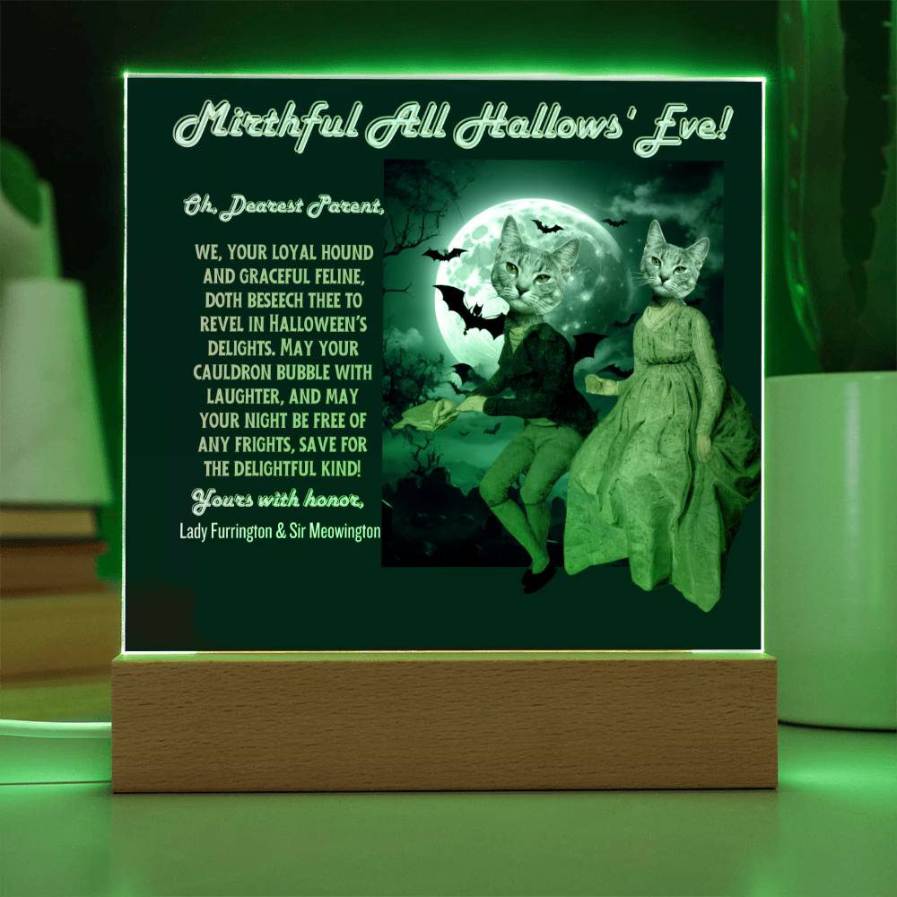 2 cat acrylic plaque portrait for cat mom dad from husband children. Funny, heartfelt, in old English, Halloween wishes from female male cat.