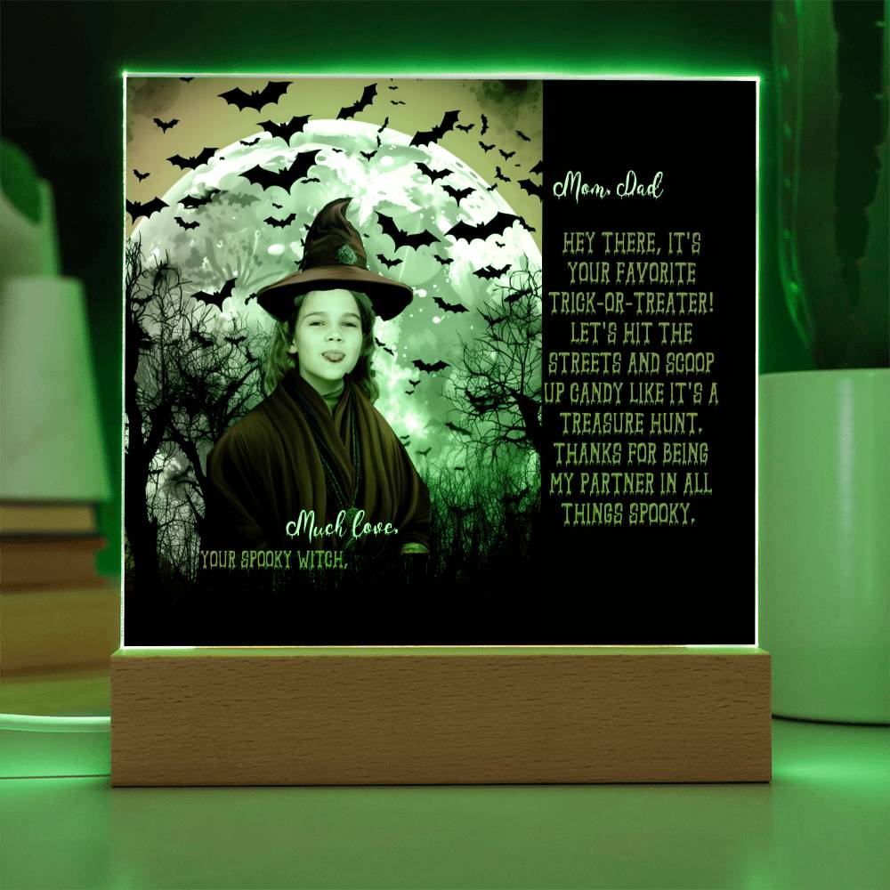 Personalized Halloween Acrylic Plaque for Mom, a Portrait of a Dressed Up in a Witch Costume Daughter with Both Funny and Sentimental Mirthful All Hallows' Eve Wishes . A  Table Home Décor Lamp, Gift from Husband and or Children