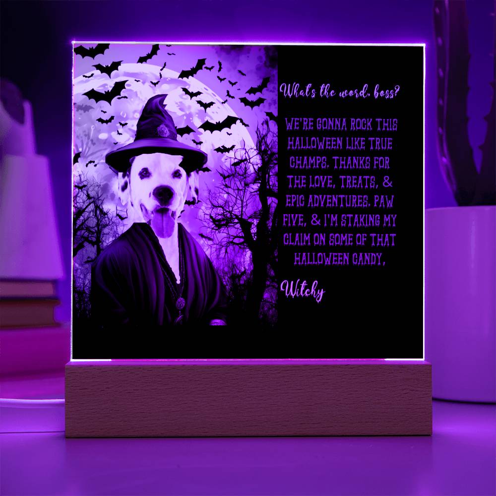 Personalized Halloween Acrylic Plaque for a Dog Mom with Funny and Sentimental message, a Dressed Up as a Witch Dog Portrait with Customizable Dog Face. A Table Home Décor Lamp, Gift from Husband and or Children