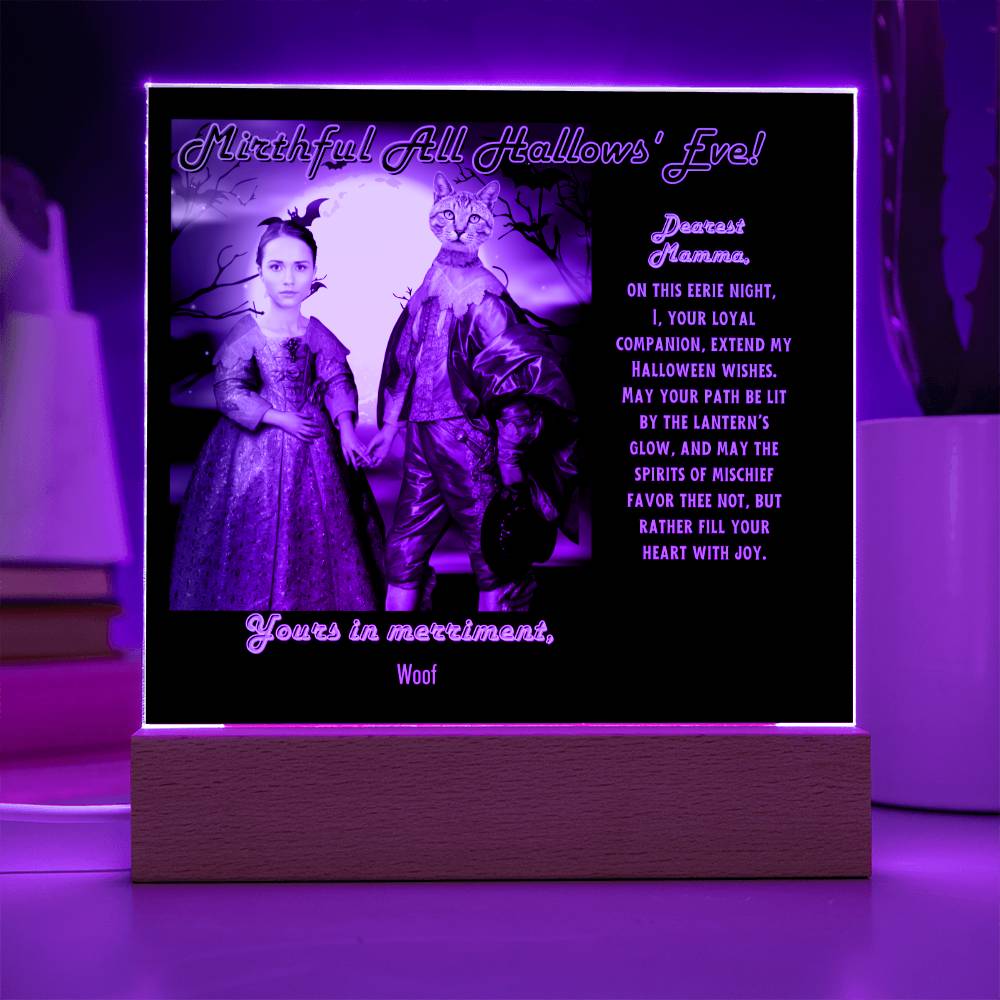 Personalized Halloween Acrylic Plaque for Cat Mom with Portrait of Dressed Up in a Historical Costumes with Cat's and Mom's faces. Funny and Sentimental “Mirthful All Hallows' Eve” Wishes. A Table Home Décor Lamp, Gift from Husband, Children and Cat.